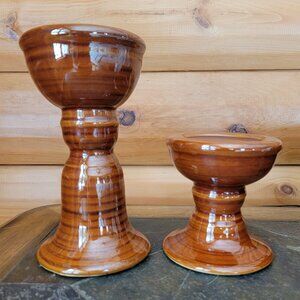 Brown Glazed Ceramic Candle Pillars (2)